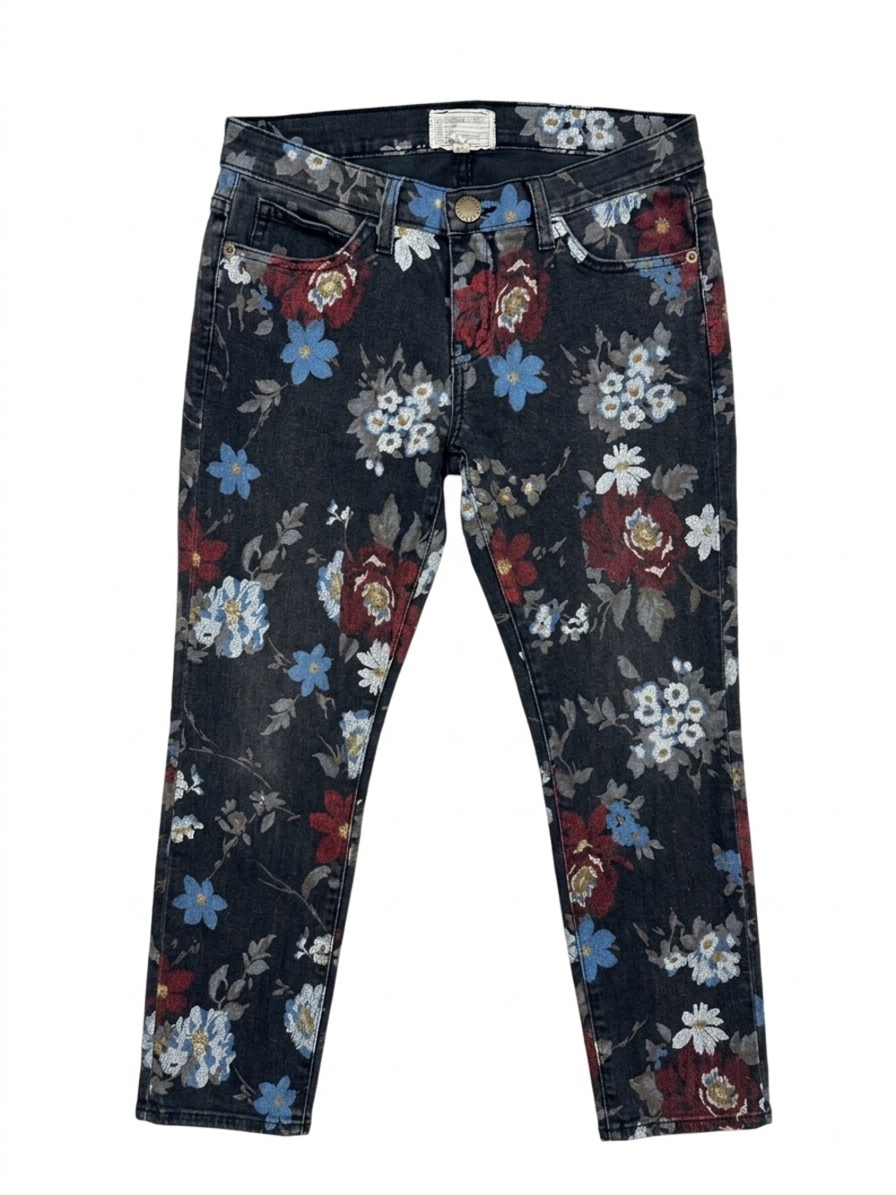 Current/Elliott Black Skinny Jeans with Red & Blue Floral Print